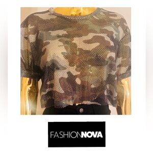 Fashion Nova Mesh Green Camouflage Crop Top, Size L